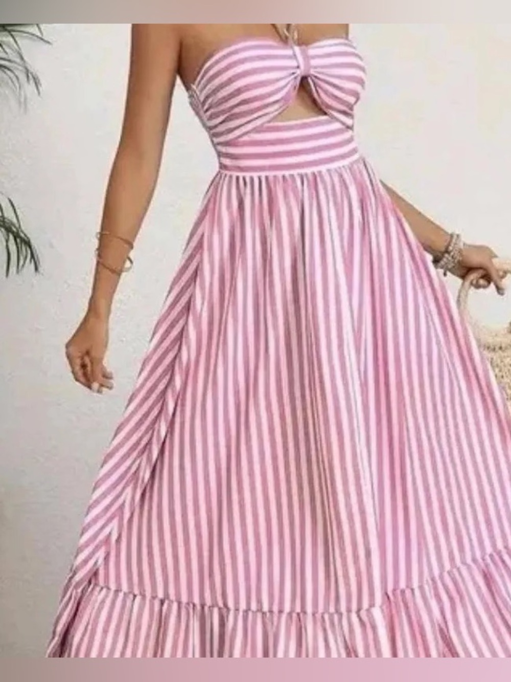 Tessora 100% Cotton Pink White Striped Preppy Cut Out Halter Maxi Dress Small